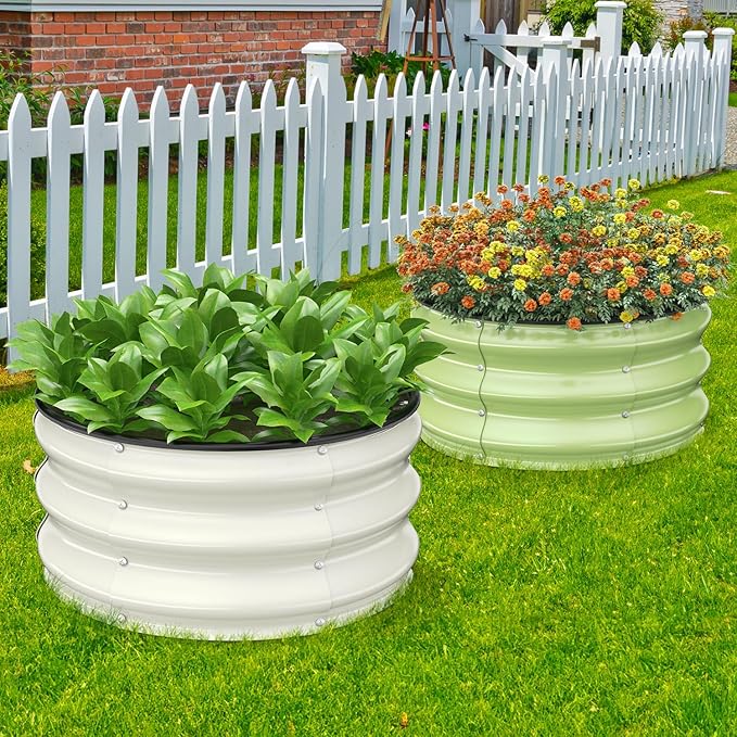 Galvanized Raised Garden Bed, 2pcs 2x2x1 FT Round Planter Box for Outdoor, Raised Beds for Gardening Vegetables Flower Herb(Pearl White & Sage Green)
