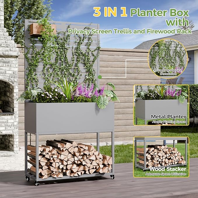 Metal Planter Box with Trellis, 3 in 1 Raised Garden Bed with Trelli & Firewood Rack, Privacy Planter Screen for Climbing Plants, Vine, Outdoor Garden Standing Beds with Drainage Holes, Wheels,Grey