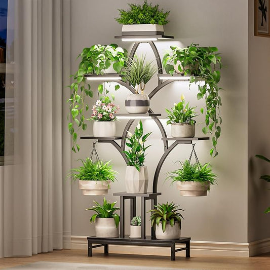 Plant Stand Indoor with 4 Grow Lights - 63" Tall Plant Shelf- 8 Tiered Corner Plant Flower Stands Display Shelves for Home, Patio (Black)