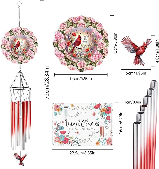 Red Cardinal Wind Chimes for Outside, 3D Wind Chimes with Wind Spinner, Outdoors Hanging Decor for Garden Porch Patio Backyard, Mothers Day Birthday Gifts for Women Mom Grandma