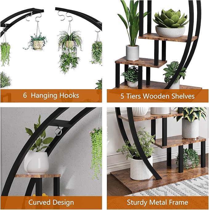 CABIHOME 5-Tier Tall Metal Indoor Plant Stand - Half-Moon Garden Plant Holder w/ 4 Hanging Hooks - Round Flower Shelf Rack for Home, Balcony, Living Room & Garden Decor
