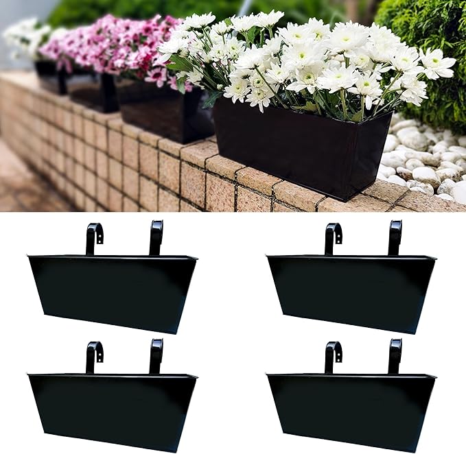 LaLaGreen Rail Planter Box (4 Pack, 12 Inch) Black Metal Strawberry Outdoor Hanging Flower Bucket with Drainage Handle Hook, Rectangle Balcony Deck Fence Plant Holder Window Boxes Rustic Home Decors