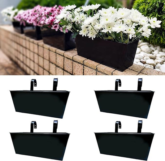 LaLaGreen Rail Planter Box (4 Pack, 12 Inch) Black Metal Strawberry Outdoor Hanging Flower Bucket with Drainage Handle Hook, Rectangle Balcony Deck Fence Plant Holder Window Boxes Rustic Home Decors