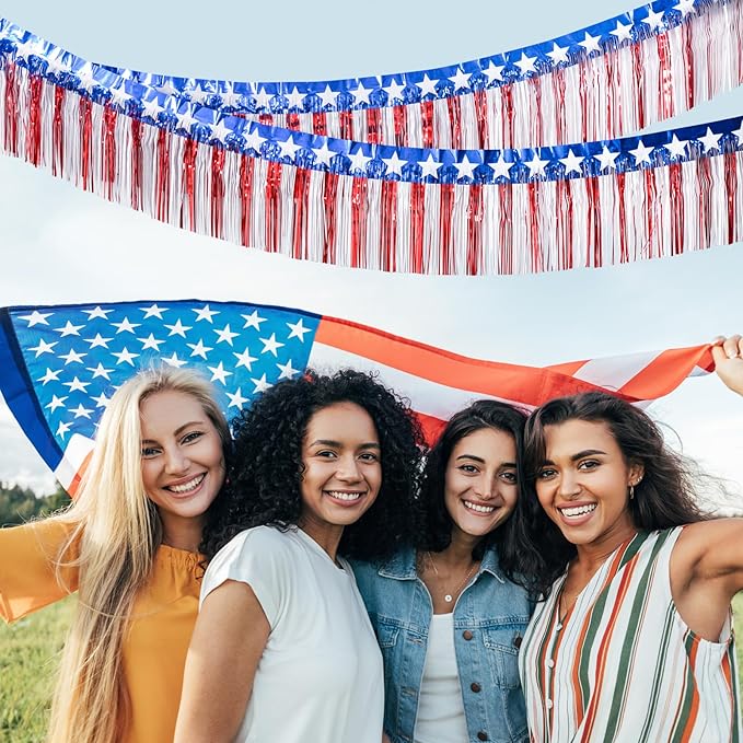 Mega-L 4th of July Decorations 2Packs 39 Feet Foil Fringe Garland Tinsel Streamers, Red White and Blue Star Metallic Hanging Backdrop Banner Table Skirts for Parade Floats Memorial Day Patriotic Party