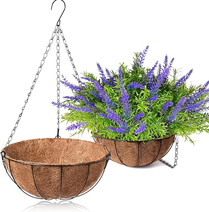 Orgrimmar 2 Pack 14" Metal Hanging Planter Basket with Coco Coir Liner, Small Round Wire Plant Holder with Chain for Hanging Plant and Flower