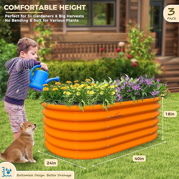 A ANLEOLIFE Kids Mini Raised Garden Beds Outdoor (3-Pack)-40x24x18in Oval Round Galvanized Metal Planter Box for Planting Vegetables, Flowers, Fruits, Eco-Safe & Easy Setup, Peach Orange