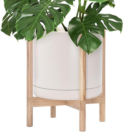 D'vine Dev Ceramic Planter with Natural Stand - 14 Inch Modern Round Flower Pot with Wood Planter Holder, Oatmeal, 55-B-R-8