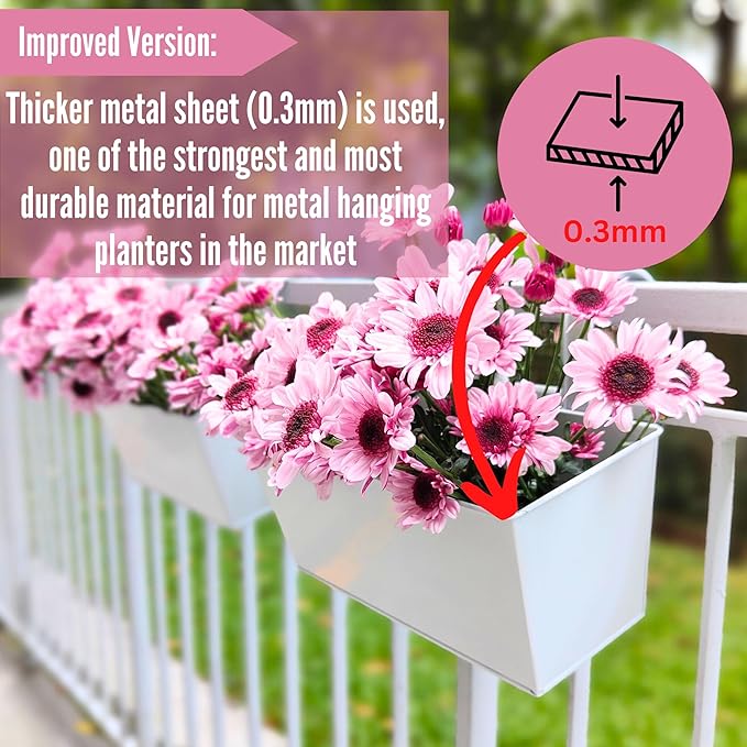 LaLaGreen Outdoor Planter (2 Pack, 16 Inch) Large White Metal Flower Pots Countryside Modern Rectangle Strawberry Window Box Succulent Planters with Drainage Hole Hanging Balcony Deck Rail Fence Porch
