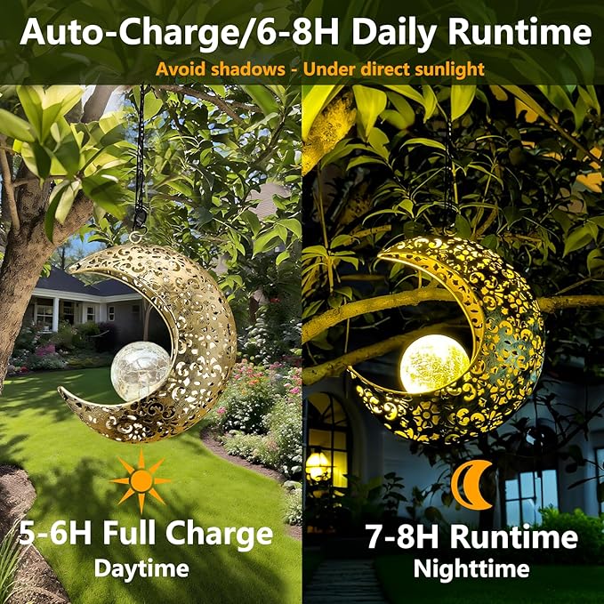 Solar Garden Hanging Moon Lights Outdoor Decor,Metal Lanterns Art Decorations for Outside Yard Lawn Patio Wall Fences Driveway Trail,Unique Housewarming Gardening Gifts for Women Mom