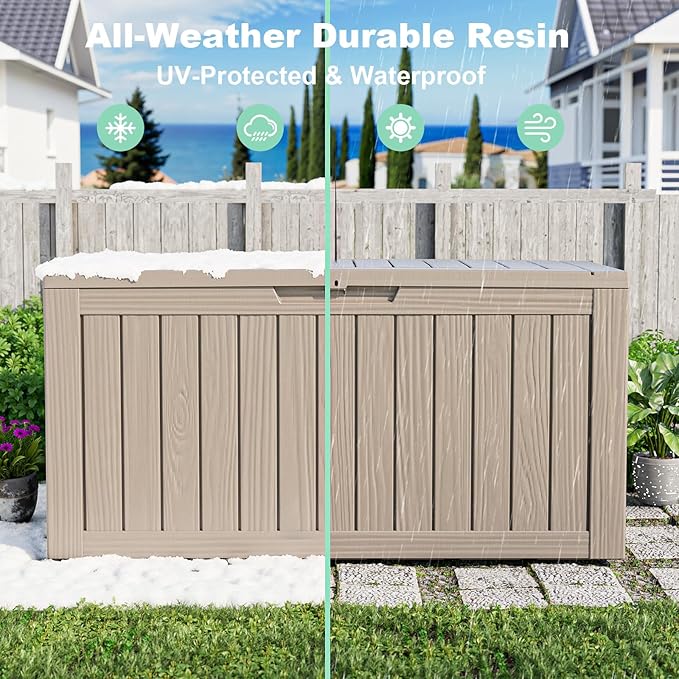 75 Gallon Waterproof Resin Deck Box, UV Resistant Outdoor Storage for Garden, Patio, Porch, Delivery（Grey，75 Gallon）