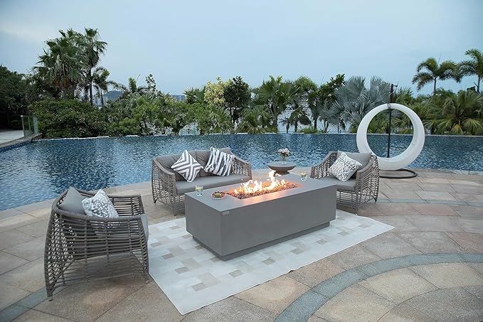 AMS Fireplace Sedona Fire Table Light Gray Liquid Propane Gas Pit Table for Outside Patio Bundle with Wind Guard, and SS Burner Lid | Free Rubber Mat & Ice Bucket