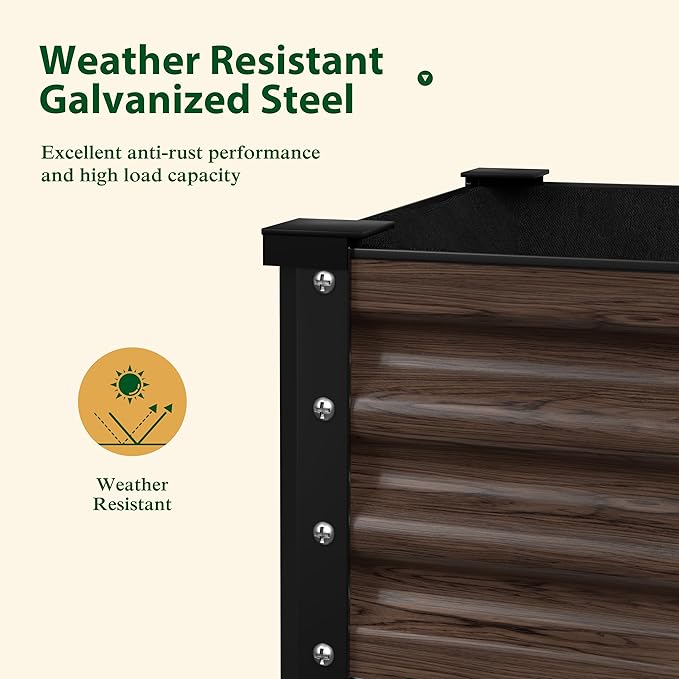BlueWish 48" W x 24" D x 32" H Raised Garden Bed, Galvanized Garden Bed with Detachable Black Liner, Drainage Gaps, Raised Garden Beds Outdoor 507 lbs Capacity, Gardening, Vegetable, Flower, Rustic