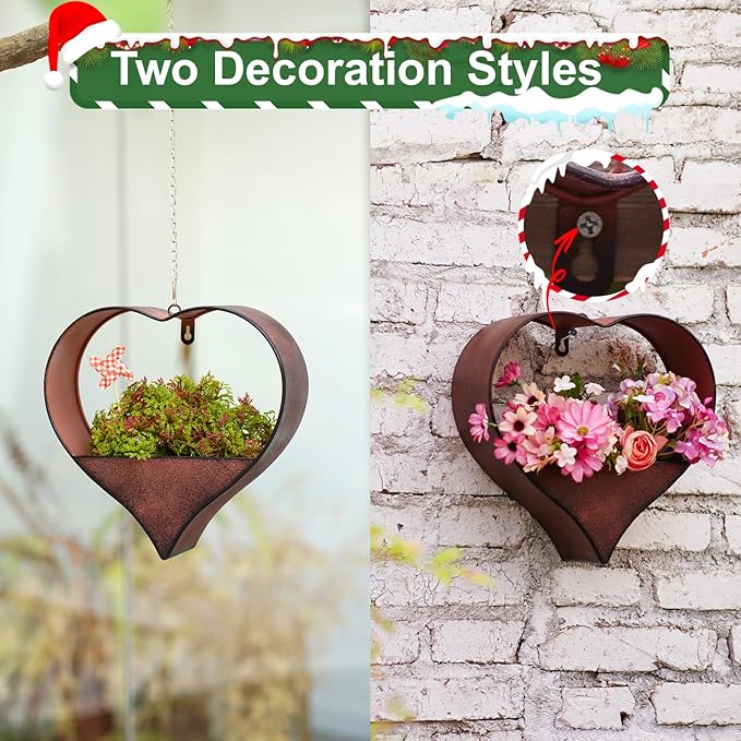 Metal Plant Hangers Indoor and Outdoor: Valentines Day Gifts for Her Wife Women Mom Garden Lovers Birthday - Heart Shape Hanging Planters for Window Wall Living Room Office Decor(Rustic)