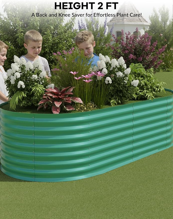 IDEAHOUSE 2-Pack Raised Garden Bed - Heavy-Duty Galvanized Steel Outdoor Planter Box for Vegetables, Flowers & Herbs - Rust-Resistant, Easy-Assembly Garden Box, Beige/Green