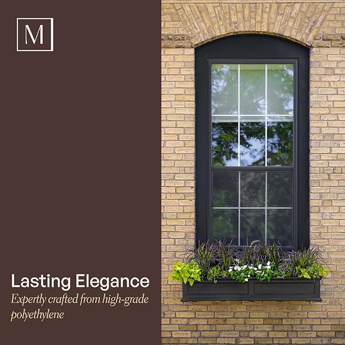 Mayne Fairview 3ft Durable Self Watering Window Box Planter with Wall Mount Brackets, UV & Weather Resistant, Double Wall Design, New England Architecture for Outdoor Décor, Black