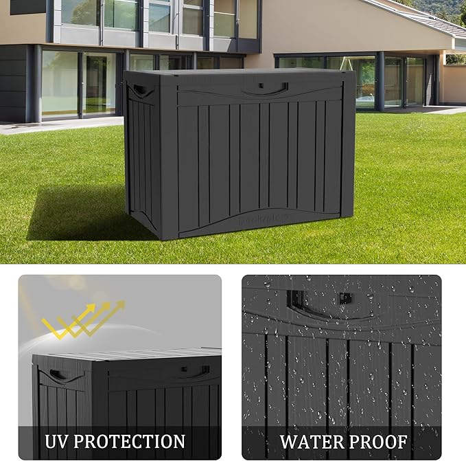 Mersco 45 Gallon Double-Wall Resin Deck Box - Lockable Waterproof Outdoor Storage Box, 515bs Capacity & Doubles as Seating for Patio Furniture - Garden Tools, Pool Accessories (Black)