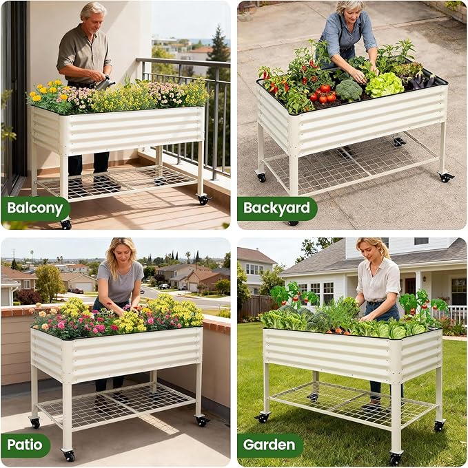 Elevated Raised Garden Bed 2' x 4' - Galvanized Planter Boxes with Legs, Wheels, and Storage Rack, Outdoor Planters for Backyard/Patio/Balcony with Drainage Holes for Vegetables, Flowers, Herbs, White