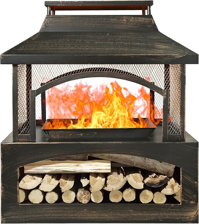 Outdoor Fire Pit Wood Burning Fireplace, Large Log Burner Firepit with Log Grate and Poker, Metal Firepit for Patio Garden Backyard Outside, 37 x 32 x 18 inch