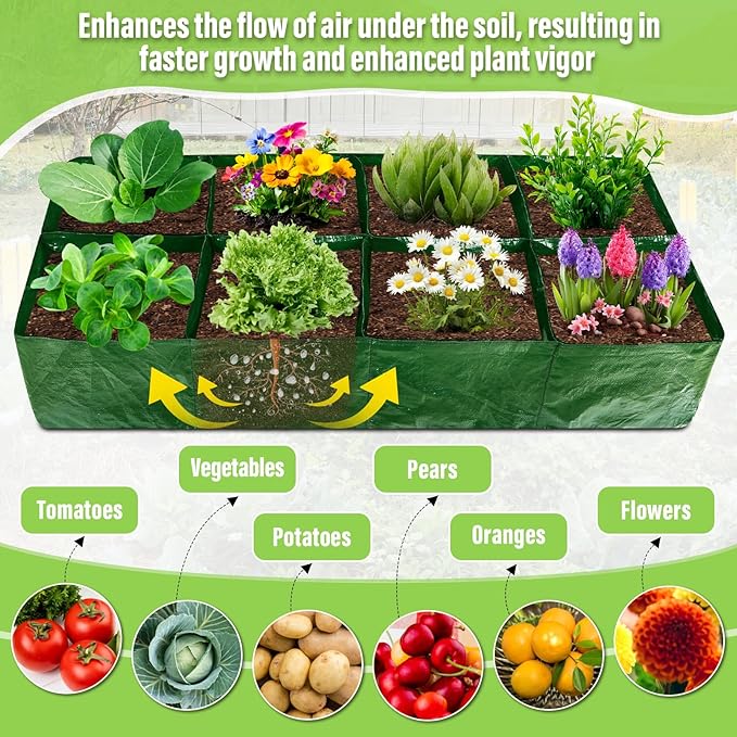 2Pcs Fabric Raised Garden Bed 8Girds Breathable Planting Containers and 4Girds Planters PE Planting Bed with Drainage Holes 128 Gallon Rectangle Garden Grow Bags for Outdoor Vegetables Fruits Flower