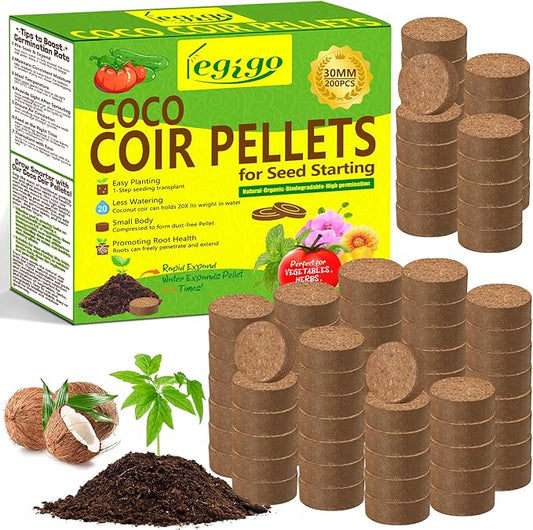 Legigo 200 Pcs 30mm Coco Coir Pellets Seed Starter Soil Mix- Organic Coconut Coir Potting Soil Pods for Seedling, Coco Peat Soil Discs for Indoor & Outdoor Plants Bonsai Herbs Vegetables and Flowers