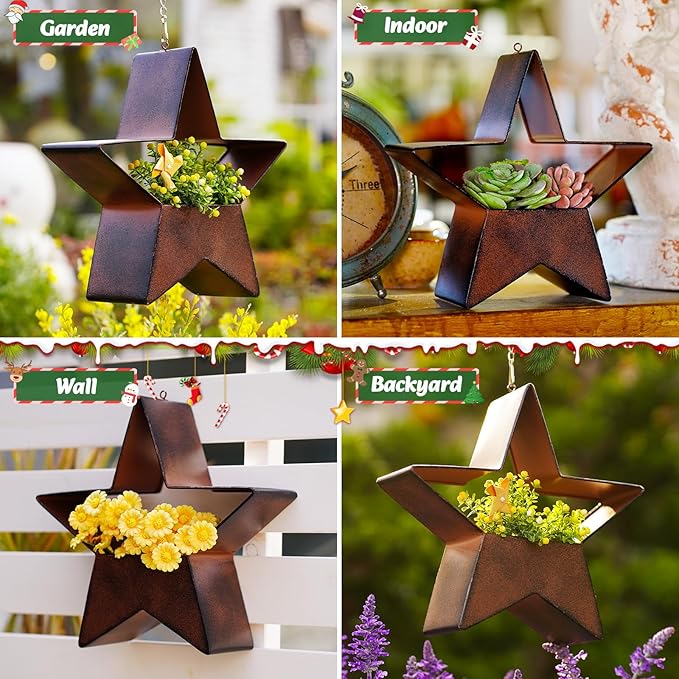 Metal Plant Hangers Indoor and Outdoor: Valentines Day Gifts for Her Wife Women Mom Garden Lovers Birthday - Star Shape Hanging Planters for Window Wall Living Room Office Decor(Rustic)
