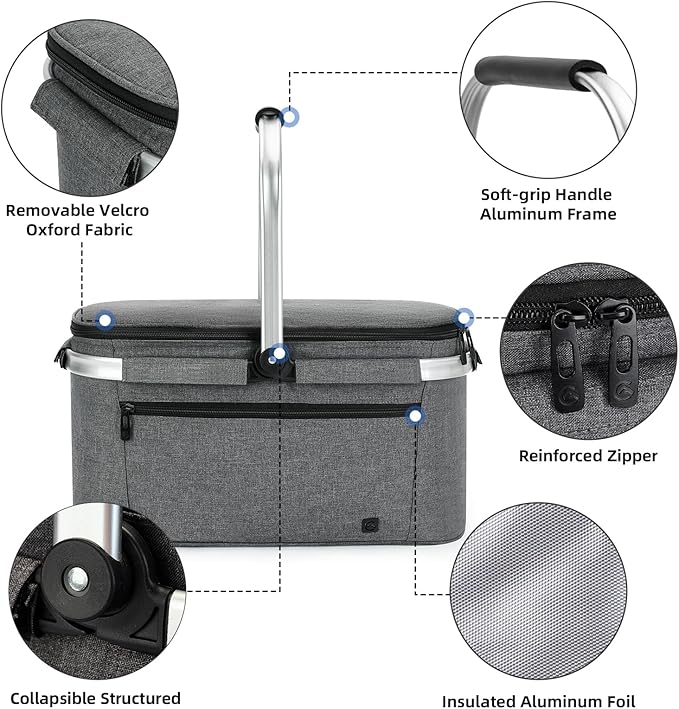 ALLCAMP Picnic Basket - 2 Ice Box Included 32L Insulated Cooler, Thickening Foldable Picnic Basket with Removable Baskets & Sewn-in Frame, Basket for House Warming Gifts New Home(Smoke Gray)