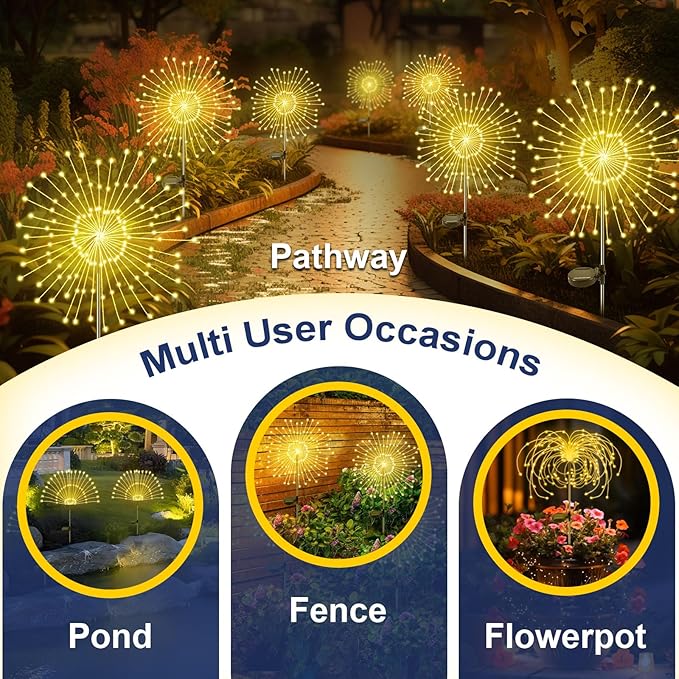 Solar Garden Lights Outdoor, 4 Pack 120 LED Twinkling Firework Lights Decorative with 2 Modes, Outdoor Waterproof Solar Starburst Light for Outside Yard Pathway Garden Decor, Warm White