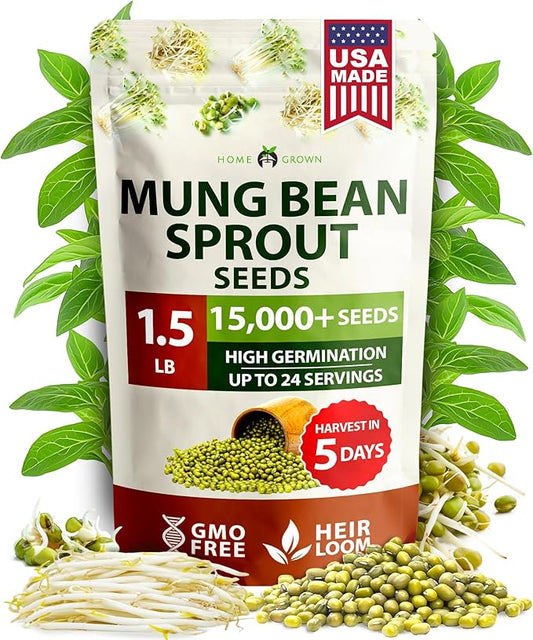 HOME GROWN Mung Beans Seeds Pack 1.5 lb Over 15,000 Sprouting Seeds Grow Fresh Mung Bean Sprouts or Microgreens for Quick, Easy, Nutrient-Packed Food for Your Daily Meals (Vigna Radiata)