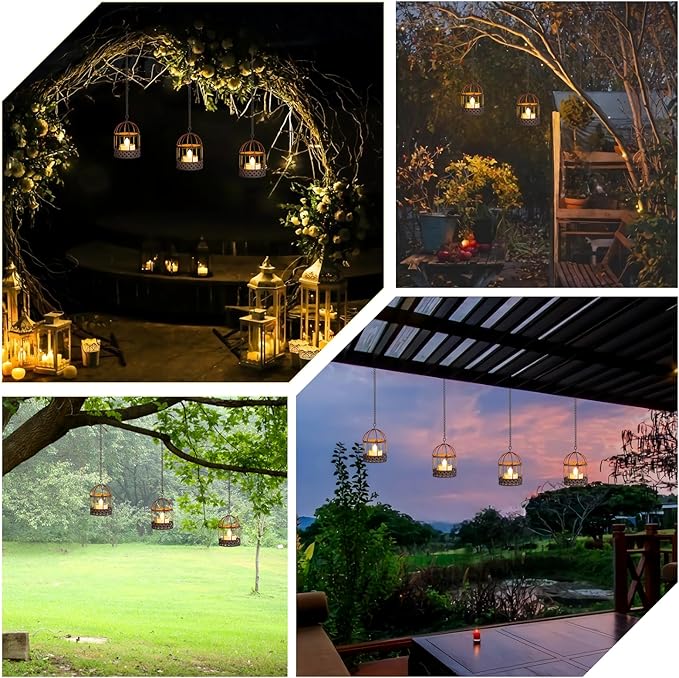 Solar-Hanging-Lanterns-Outdoor-Waterproof, Rust Birdcage Style Candle Holders with Flickering Solar Tea Lights for Backyard Patio Garden Fence Tree Decoration (3 Pack)