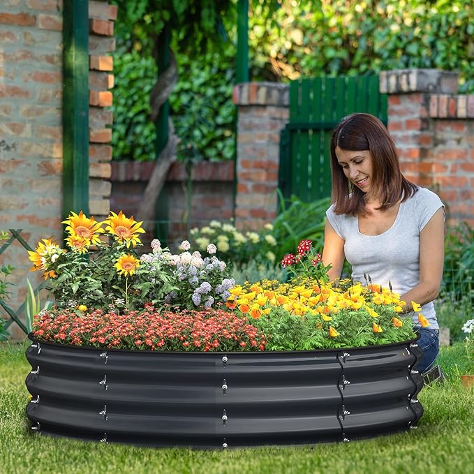 Galvanized Raised Garden Bed, 4x4x1 FT Round Raised Garden Bed for Gardening, Large Metal Planter Box for Vegetables Flower Herb(Midnight Gray)