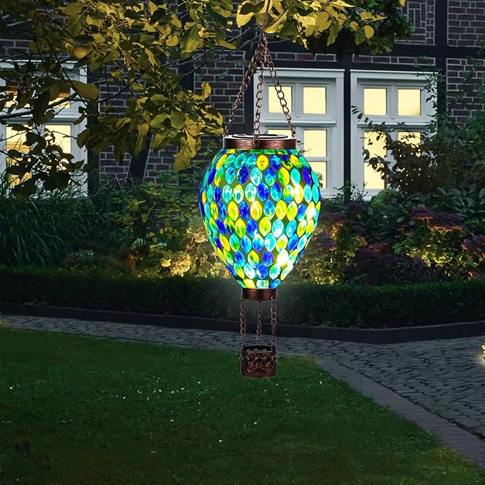 VOREEN Hot Air Balloon Solar Lantern, Handmade Mosaic Solar Outdoor Hanging Wind Light, Waterproof, Patio Festive Decor, Gift for Mom Wife Friend, Blue