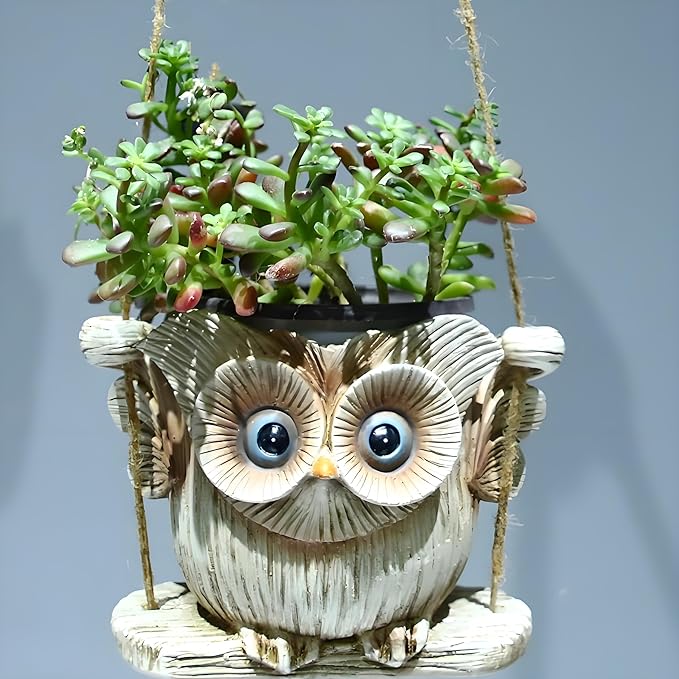 Hanging Planter for Indoor/Outdoor Plant - Swinging owl Planter Pot for Succulents, Small Plants (Animal Home Decor) (White owl)