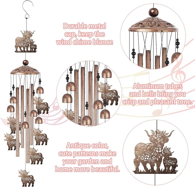 Highland Cow Wind Chime for Outside: Highland Cow Gifts for Women Men, Metal Wind Chime Yard Art, Soothing Home Garden Patio Outdoor Indoor Decor