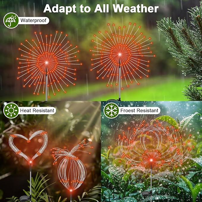 Solar Garden Lights Outdoor, 2 Pack 120 LED Twinkling Firework Lights Decorative with 2 Modes, Outdoor Waterproof Solar Starburst Light for Outside Yard Pathway Garden Decor, Orange