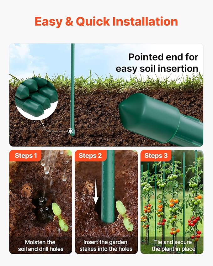 VEVOR Garden Stakes, 50 Pack, 70.87 inch, Plastic Coated Metal Tomato Stakes, Garden Sticks for Plants Support, with Pointed End and Non-Slip Bumps for Growing Climbing Plants, Outdoor Vegetables