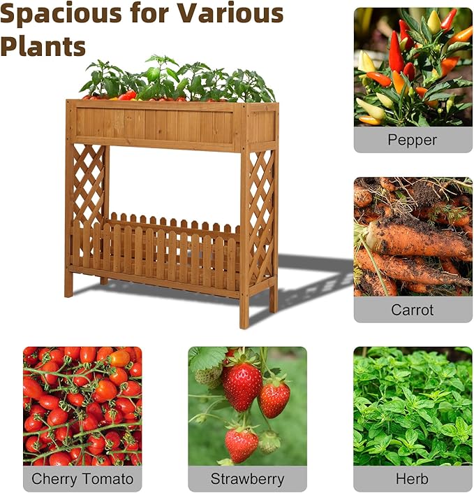 Outvita Raised Garden Bed, 37" L x 13" W x 35" H Wood Planter Box, Outdoor Wooden Elevated Planter Standing Gardening Box with Legs & Storage Shelf for Vegetable Fruits Flower Herb in Patio & Garden