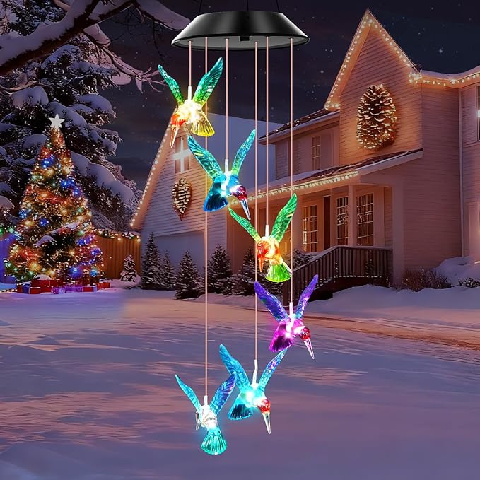 Blue Hummingbird Solar Wind Chimes Color Changing Lights Outdoor, Best Gifts for Mom Grandma Women Wife Aunt Daughter Sister, Unique Mobile Wind Chime, Gardening Yard Decorations