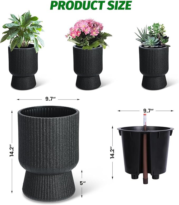 14.2" Tall Planters Set of 2, Large Indoor/Outdoor Self-Watering Plant Pots with Drainage, Water Level Monitor & Wheels, Flower Pots for Patio, Porch, Living Room, Home Office