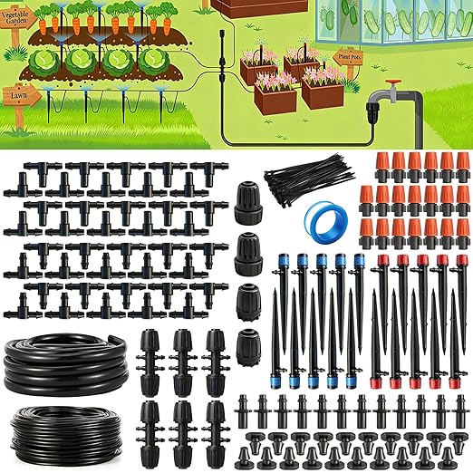 159PCS 240FT Drip Irrigation System Set, Automatic Drip Irrigation Kit for Greenhouse, Yard, Lawn, Plant, with 1/2 inch Hose, 1/4 inch Distribution Tubing and Accessories