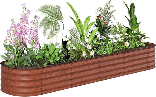 Outsunny 8' x 2' x 1' Galvanized Raised Garden Bed Kit, Outdoor Metal Elevated Planter Box with Safety Edging, Easy DIY Stock Tank for Growing Flowers, Herbs & Vegetables, Dark Brown