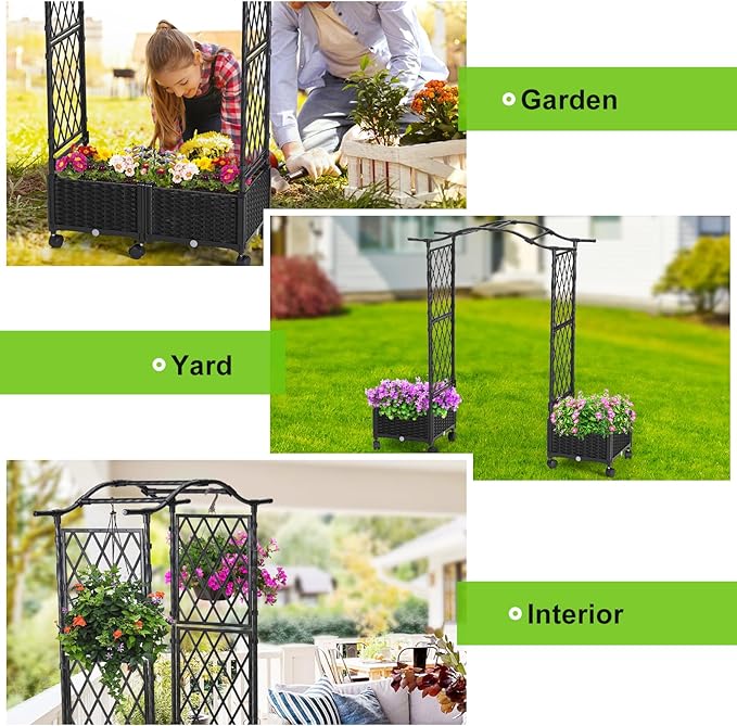 lalahoni Planter with Trellis, 4.6ft Trellis Planter Self-Watering Box with Wheels Outdoor Plants Tomato Flower Vegetable Herb Garden Patio Balcony Indoor, Plastic Raised Bed Trellis Drainage Hole