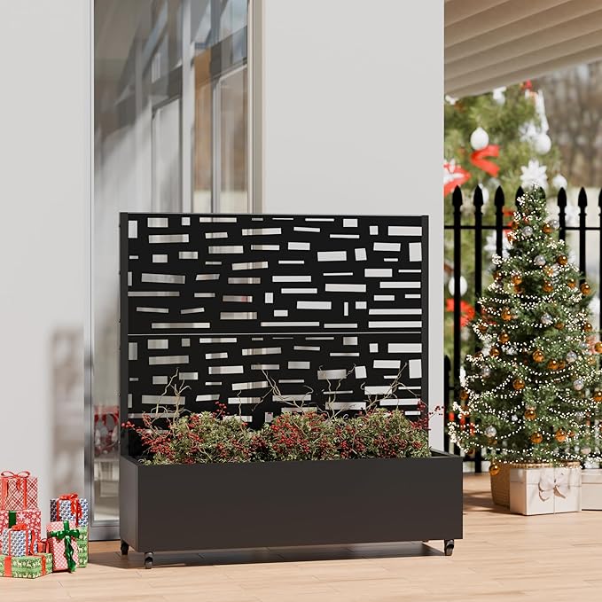 Casaphoria Metal Raised Garden Bed with Trellis and Wheels, 47"x47"x16" Planter Box for Climbing Plants, Vegetables & Vines, Features Drainage Holes and Privacy Screen (Black-Gerald)