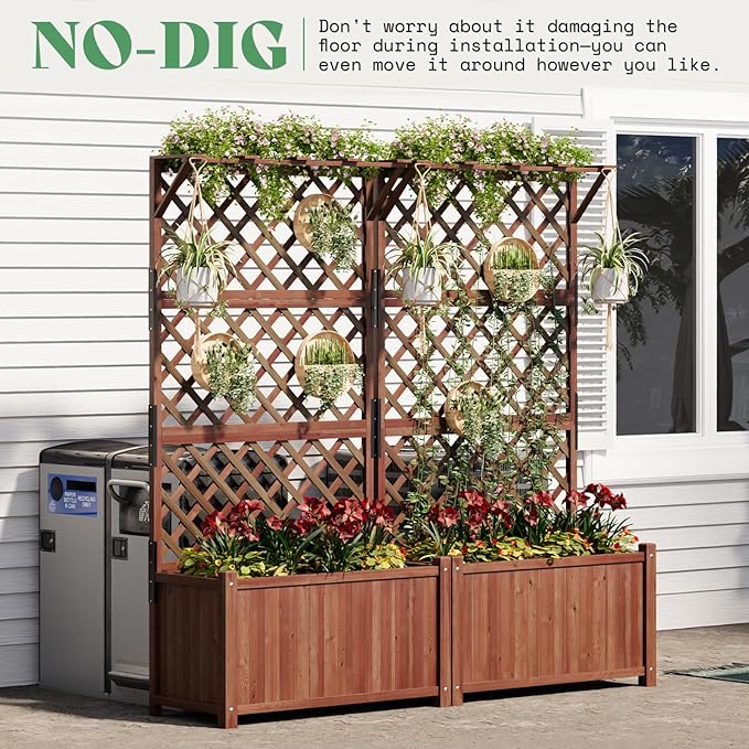 AMERLIFE Raised Garden Bed with Trellis for Vegetables, Climbing Plants, Durable Natural Wood Planter Box with Drainage Holes, Privacy Planter for Outdoor Yard & Patio, Easy Assembly