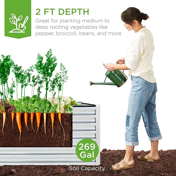 Best Choice Products 6x3x2ft Outdoor Metal Raised Garden Bed, Deep Root Box Planter for Vegetables, Flowers, Herbs, and Succulents w/ 269 Gallon Capacity - Galvanized