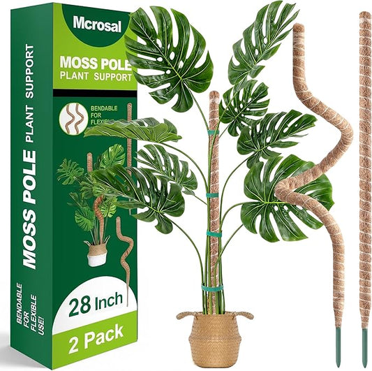 2 Pack 28'' Bendable Moss Pole Monstera Plant Support for Indoor Climbing Plants, Tall Plant Stick Support Stake for Potted Plants, Pothos, Philodendron