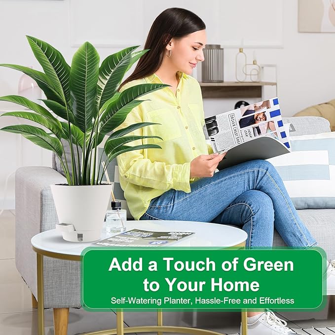 Self-Watering-Pots-for-Indoor-Plants, 8 Inch Flower Pots for Indoor Plants, 3 Pack Plastic Planters with Drainage Holes and Saucers