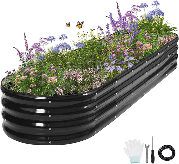 Galvanized Raised Garden Bed Outdoor- Raised Beds for Gardening| Metal Planter Box, Steel Raised Garden Bed Kit with Safety Edging and Gloves for Vegetables, Flower, Herbs (8x2x1FT, Gray)