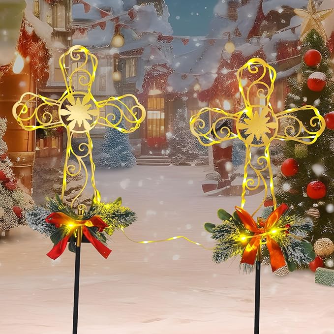 Cemetery Christmas Decorations Cross with 60 String Lights, Christmas Metal Yard Stakes for Gravesite Religious Outdoor Decorations 2 Pack