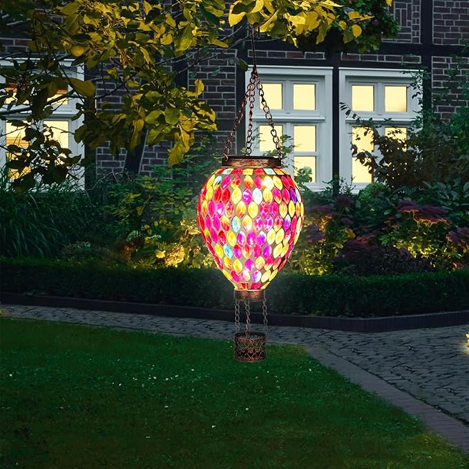 VOREEN Hot Air Balloon Solar Lantern, Mosaic Glass Hanging Solar Lights for Outside Garden & Patio, Waterproof Outdoor Decor, Handmade Art Glass Balloon (Red)