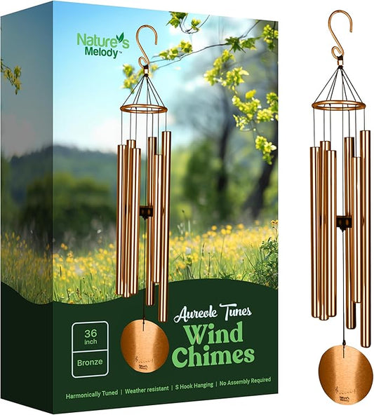 Nature’s Melody Aureole Tunes Wind Chimes – Outdoor Windchime with 6 Tubes, 100% Rustproof Aluminum, Powder Finish & S Hook Hanger for Sympathy, Memorial Gift or Zen Garden (Bronze, 36")